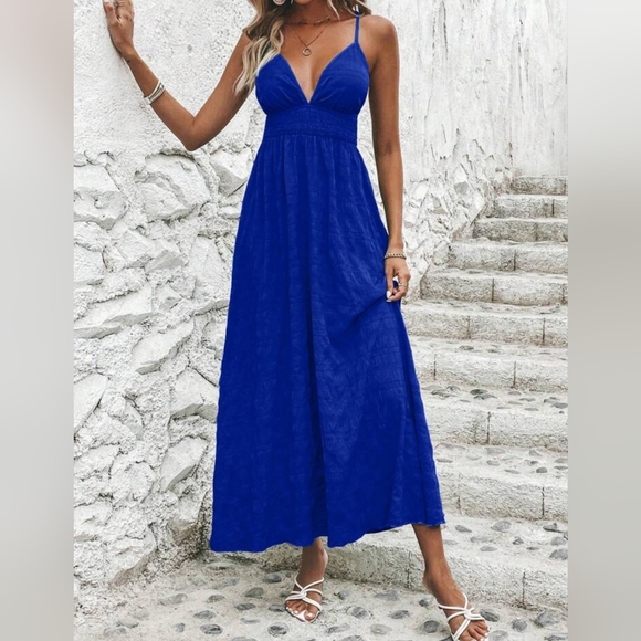New Flowy Textured Striped Halter Maxi Dress Royal Blue - Picture 4 of 8